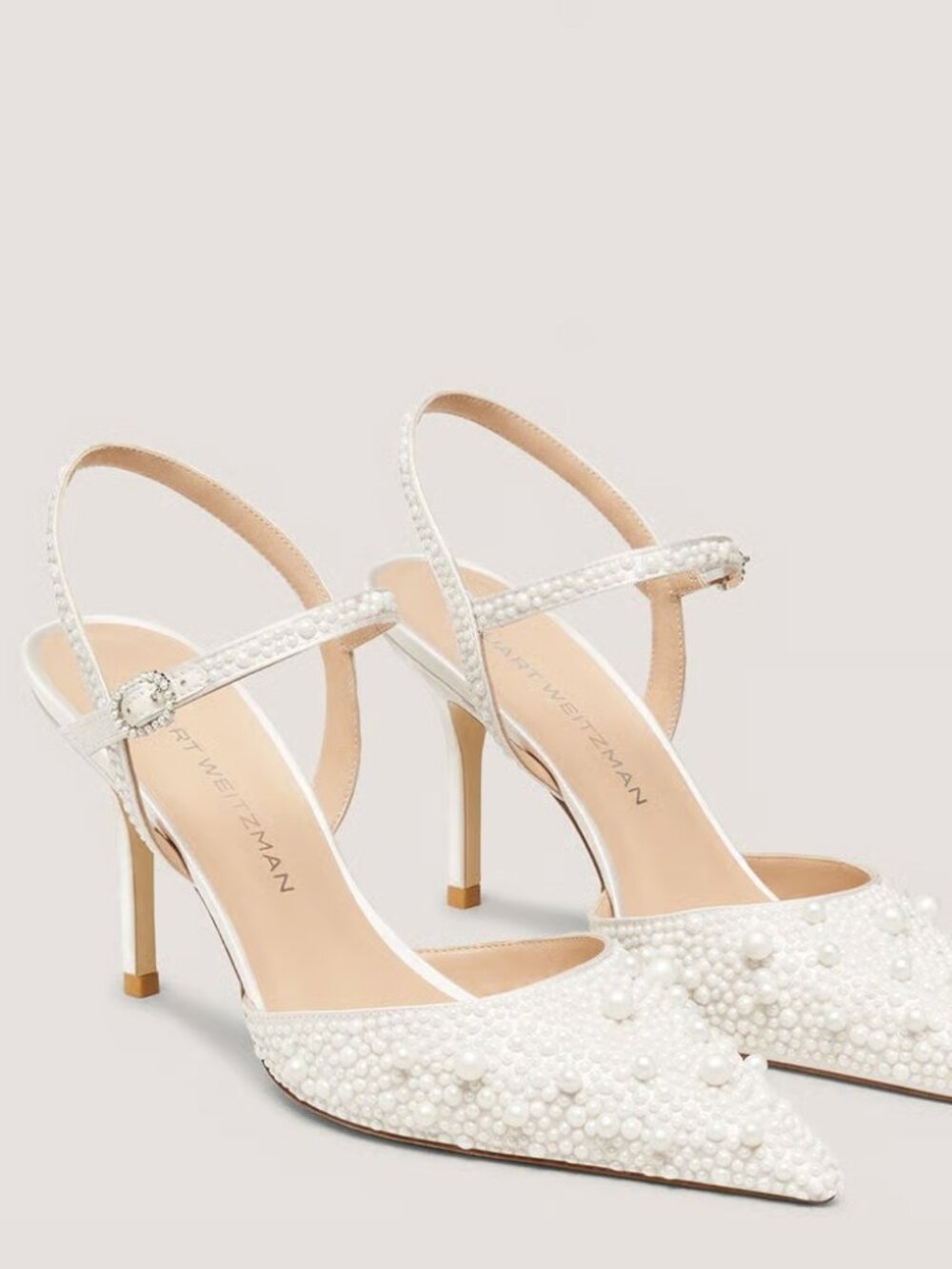 Stuart Weitzman Bliss 85 Pearl-Embellished Satin Pumps Cream/Natural US Size 7.5 - Picture 13 of 16